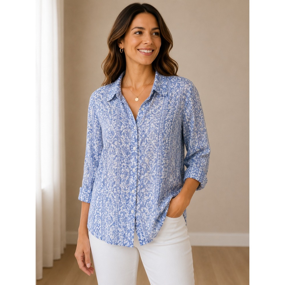 Catherines 4X 30/32W Blue White Floral Paisley Button Front Blouse Plus Size